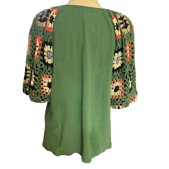 UMGEE Crocheted Green Lined Sleeves Linen Cotton Flutter Short Sleeves Top Sz S - Picture 8 of 11